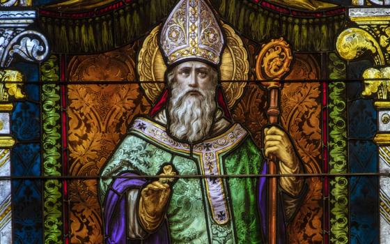 St. Patrick depicted in stained glass at St. Boniface Church in San Francisco. (CNS/Octavio Duran)