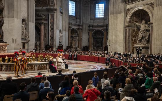 Pope Francis leads a meeting with students from Milan in St. Peter's Basilica at the Vatican March 16, 2022. (CNS photo/Stefano Dal Pozzolo, pool)