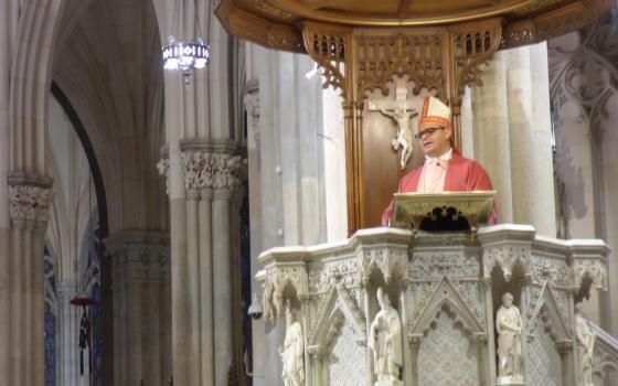 Bishop Oswaldo Escobar Aguilar of Chalatenango, El Salvador, wears a replica of a miter worn by St. Oscar Romero March 27, 2022, at St. Patrick’s Cathedral in New York. (CNS photo/Rhina Guidos)