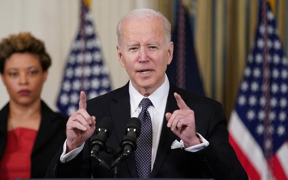 President Joe Biden announces his budget proposal for fiscal year 2023 at the White House March 28 in Washington. (CNS/Reuters/Kevin Lamarque)