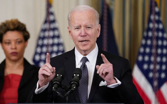 President Joe Biden announces his budget proposal for fiscal year 2023 at the White House March 28 in Washington. (CNS/Reuters/Kevin Lamarque)