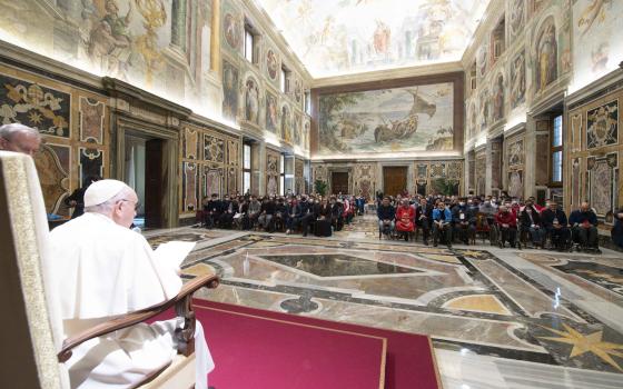 Pope Francis meets with members of the Italian Autism Foundation in the Vatican's Clementine Hall April 1, 2022, ahead of World Autism Awareness Day April 2. (CNS photo/Vatican Media)