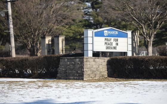 A sign near Manor College's campus in Jenkintown, Pa., asks for peace in Ukraine Feb. 22, 2022. (CNS photo/courtesy Manor College)