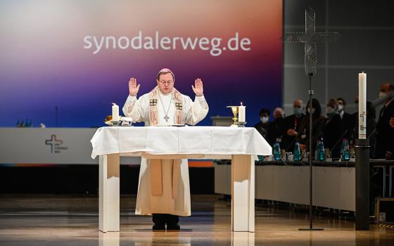 Bishop Georg Bätzing, president of the German bishops' conference, celebrates Mass during the third Synodal Assembly Feb. 4 in Frankfurt. (CNS/KNA/Julia Steinbrecht)