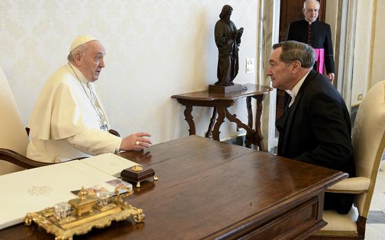 Pope Francis talks with Joe Donnelly, new U.S. ambassador to the Holy See, during a meeting for the ambassador to present his letters of credential, April 11 at the Vatican. (CNS/Vatican Media)