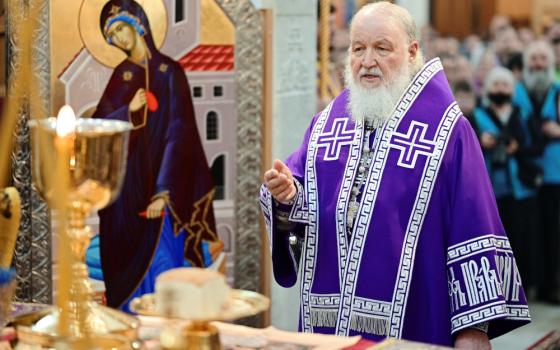 Russian Orthodox Patriarch Kirill of Moscow leads a cathedral consecration service in Moscow April 10, 2022. (CNS/Patriarchal Press Service handout via Reuters/Oleg Varaov)