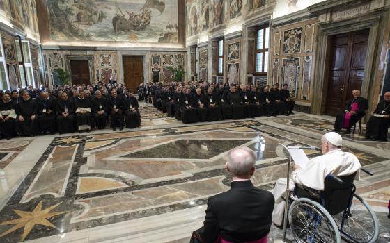 Pope Francis leads an audience with students and professors of Rome's Pontifical Institute of Liturgy at St. Anselm, at the Vatican May 7, 2022. (CNS photo/Vatican Media)