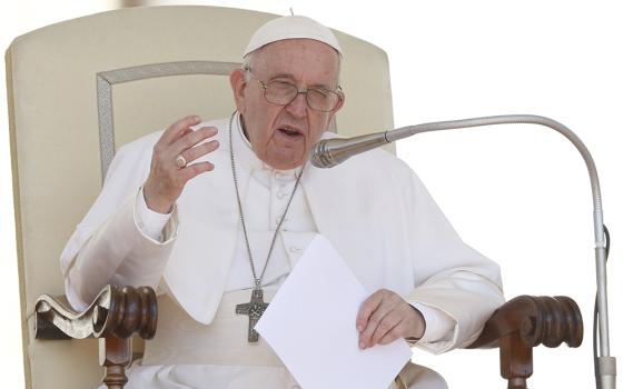 Pope Francis speaks during his general audience in St. Peter's Square June 1 at the Vatican. That day Francis also gave a talk to an international conference of educators. (CNS/Paul Haring)