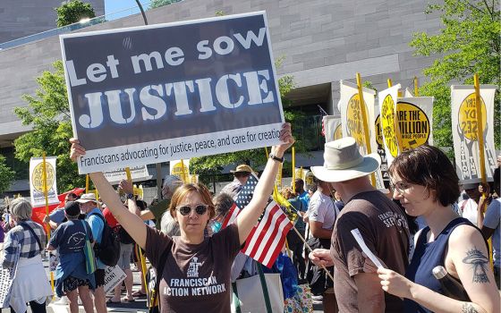 Members of Catholic groups take part in the Moral March on Washington June 18 sponsored by the Poor People's Campaign. (CNS/Courtesy of Franciscan Action Network)