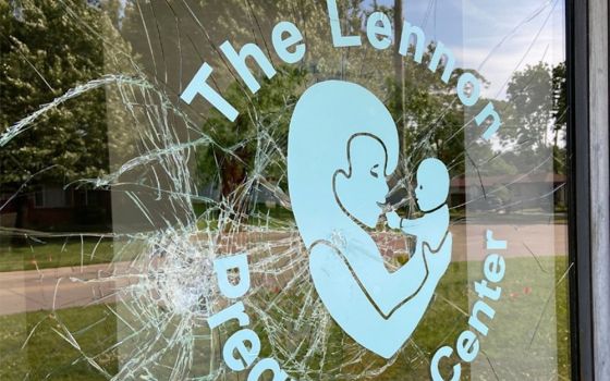 Vandals smashed nearly a dozen windows and spray-painted messages on the side of the building housing the Lennon Pregnancy Center in Dearborn Heights, Michigan on June 20. (CNS screengrab/Facebook, Lennon Pregnancy Center)