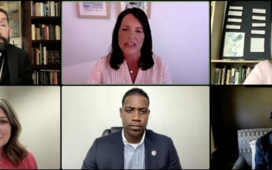 This combination photo shows the participants in Georgetown University's online dialogue July 14, 2022, on "The Consistent Ethic of Life after Dobbs: Directions and Challenges." (CNS screenshot/Georgetown University)