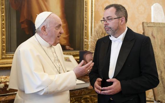 Pope Francis speaks with Andrii Yurash, Ukraine's ambassador to the Holy See, during a meeting for the ambassador to present his credentials to the pope at the Vatican in this April 7, 2022, file photo. (CNS photo/Vatican Media)