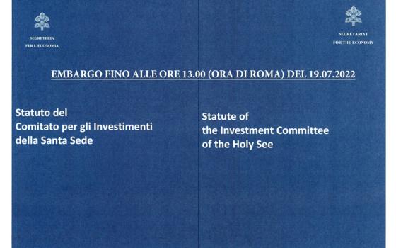 This is the cover of a document released by the Investment Committee of the Holy See July 19, 2022, with new statutes and policies governing Vatican investments. (CNS photo/courtesy Holy See Press Office)