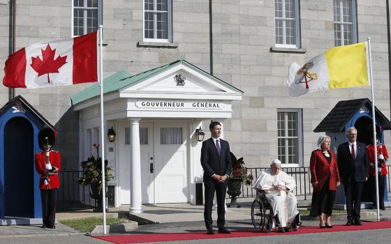 Pope Francis attends a welcoming ceremony with Canadian Prime Minister Justin Trudeau and Mary Simon, governor general, at Citadelle de Quebec, the residence of the governor general, in Quebec City July 27. (CNS/Paul Haring)