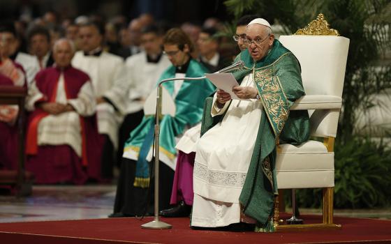 Pope Francis gives the homily during a Mass with new cardinals in St. Peter's Basilica Aug. 30 at the Vatican. (CNS/Paul Haring)