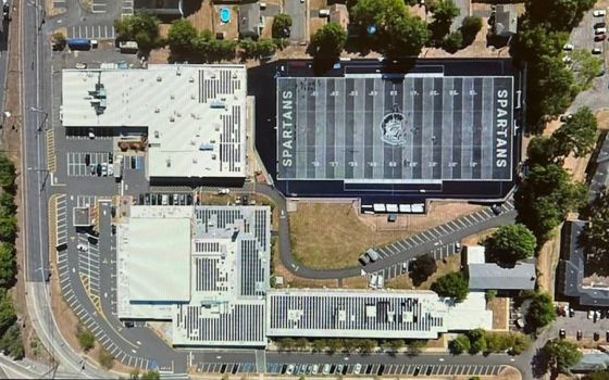 An aerial view of Immaculata High School campus in Sommerville, N.J., showing the solar panels on the school is seen in this 2022 photo. (CNS photo/courtesy Immaculata High School)