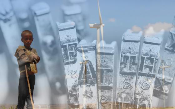 A boy stands in front of wind turbines at the Ashegoda Wind Farm, near Mekele in Ethiopia's Tigray region. (CNS/Reuters/Kumerra Gemechu; overlay: Dreamstime/Davinci)