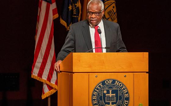 U.S. Supreme Court Justice Clarence Thomas delivers the 2021 Tocqueville Lecture Sept. 16 at the University of Notre Dame in Indiana. "We are all aware of those who assert that America is a racist and irredeemable nation," he said. "But there are many more of us, I think, who feel that America is not so broken as it is adrift at sea." (CNS/Peter Ringenberg, courtesy of University of Notre Dame)