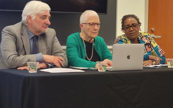 Speaking about nonviolence to mark the 60th anniversary of Pacem in Terris are (from left): Ken Butigan from DePaul University; Marie Dennis of the Catholic Nonviolence Initiative; and Loreto Sr. Teresia Wamuyu Wachira of St. Paul University in Nairobi, Kenya. Wachira is also co-president of Pax Christi International. (NCR photo/Heidi Schlumpf)