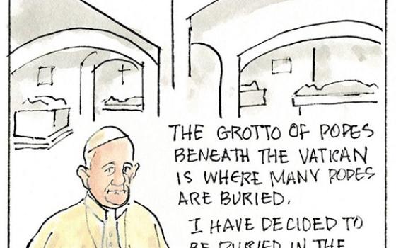 Francis, the comic strip: Other popes are buried in the grotto of St. Peter's Basilica. But Francis has chosen somewhere else.