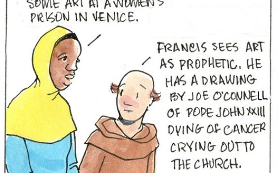 Francis, the comic strip: Francis saw some art at a women's prison in Venice. To him, art is prophetic!