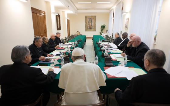 Pope, seated and pictured from behind, surrounded by Cardinals at large U-shaped table, covered in green; Our Lady of Guadalupe hangs on far wall of room. 