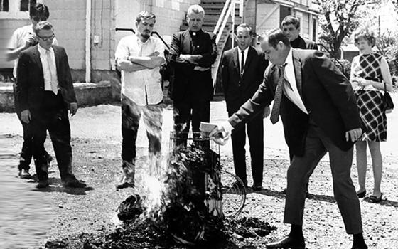 The Catonsville Nine were nine Catholic activists who burned draft files to protest the Vietnam War. On May 17, 1968, they entered a draft board in Catonsville, Md., took 378 draft files, brought them to a nearby parking lot and set them on fire with homemade napalm. Then they sang, prayed, spoke with reporters and waited to be arrested by the Baltimore County police. (CNS/www.catonsville9.org)