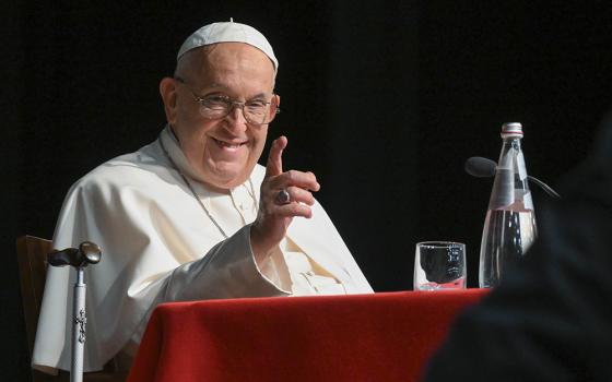 Pope Francis gestures during a meeting with priests ministering in the Diocese of Rome who were ordained 11-39 years ago at the Pontifical Salesian University in Rome June 11, 2024. (CNS/Vatican Media)