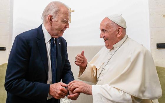 Pope Francis gives U.S. President Joe Biden a thumbs-up during a private meeting on the margins of the G7 summit in Borgo Egnazia, in Italy's southern Puglia region, June 14. (CNS/Vatican Media)