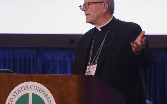 Bishop Barron stands at lectern. 