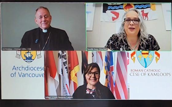 Archbishop Michael Miller of Vancouver, British Columbia, Tk'emlúps te Secwépemc First Nation media relations coordinator Racelle Kooy (top right), and Tk'emlúps te Secwépemc First Nation Chief Rosanne Casimir during a press conference June 26, 2024, answer questions about the "Sacred Covenant" signed Easter Sunday. (OSV News screenshot/Courtesy of B.C. Catholic)