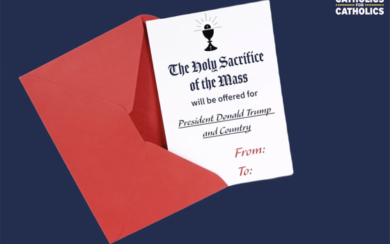 A screenshot of an illustration of a Catholics for Catholics mass card for Donald Trump. (NCR screenshot/YouTube)