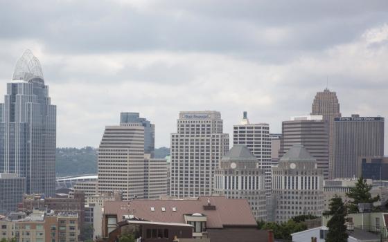 Skyline against gray day sky. 