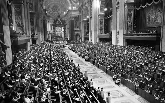 Pope John XXIII leads the opening session of the Second Vatican Council on Oct. 11, 1962, in St. Peter's Basilica. (CNS/L'Osservatore Romano)