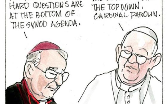 Francis, the comic strip: Francis reminds one cardinal that change generally comes from the bottom up.