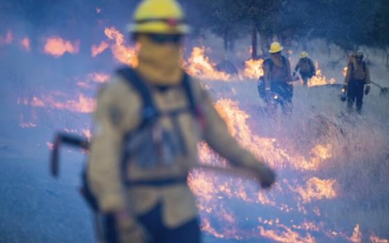 Firefighters wearing gear walk through burning field. 