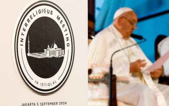 Pope Francis speaks to representatives of Muslim, Christian, Hindu, Buddhist and other religious communities during an interreligious meeting at the Istiqlal Mosque in Jakarta, Indonesia, on Sept. 5. (CNS/Lola Gomez)