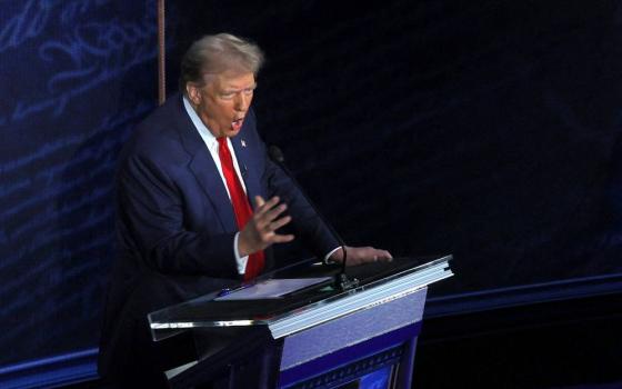 Former U.S. President Donald Trump, the Republican presidential candidate, gestures during the debate with Vice President Kamala Harris, the Democratic presidential candidate, at the National Constitution Center in Philadelphia Sept. 10. (OSV News/Reuters/Brian Snyder)