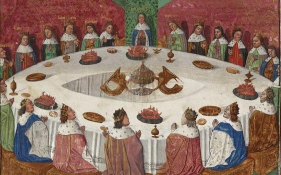 King Arthur's knights, gathered at the Round Table to celebrate Pentecost, see a vision of the Holy Grail in this 15th-century manuscript illumination by Evrard d'Espinques. (Wikimedia Commons/Public domain/Evrard d'Espinques)