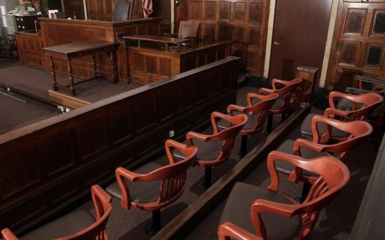 Chairs and stands in empty courtoom.