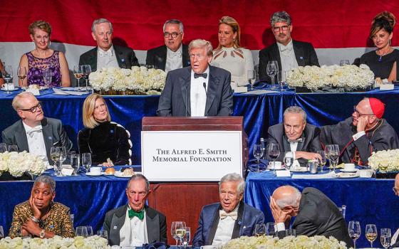 Former U.S. President and 2024 Republican presidential nominee Donald Trump speaks during the 79th annual Alfred E. Smith Memorial Foundation Dinner in New York City Oct. 17, 2024. Just before the dinner, Trump was interviewed by Raymond Arroyo of the Eternal Word Television Network for a segment that aired later that night. (OSV News/Gregory A. Shemitz)