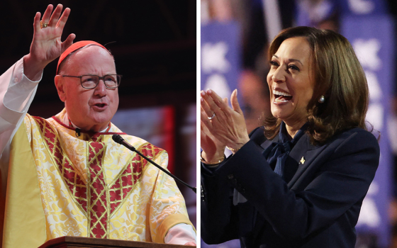 New York Cardinal Timothy Dolan, and Democratic presidential nominee and U.S. Vice President Kamala Harris are pictured in a combination photo. (OSV News/Bob Roller/Reuters/Brendan Mcdermid)