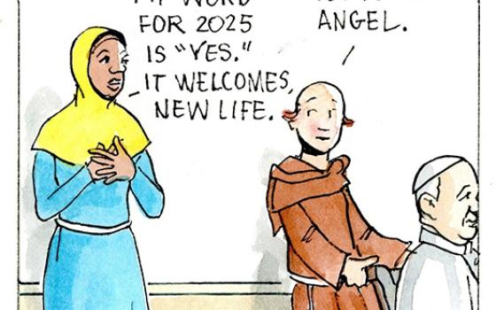 Francis, the comic strip: Francis, Brother Leo and Gabby discuss what words will describe 2025 for them.