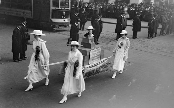 Women carry a ballot box in a women's suffrage parade in New York City, Oct. 27, 1917. (Library of Congress/George Grantham Bain Collection)