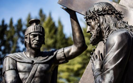 A life-size station in the Stations of the Cross is seen on the grounds of the National Shrine of the Divine Mercy in Stockbridge, Mass., in this Jan. 30, 2020, file photo. (CNS/Octavio Duran)