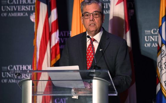 Peter K. Kilpatrick introduces himself to the student body at Catholic University of America in Washington, D.C., March 29. The university's board of trustees selected him as CUA's 16th president. (CNS/Catholic University of America/Patrick G. Ryan)