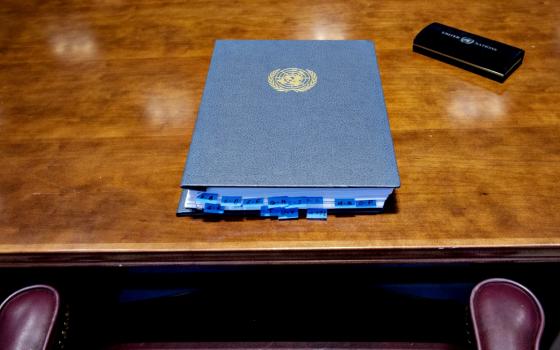 The book of signatures at the signing ceremony for the Treaty on the Prohibition of Nuclear Weapons is seen at the United Nations in New York City Sept. 20. (U.N. photo/Kim Haughton)