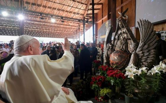 Pope Francis blesses Timothy Schmalz's bronze sculpture. Mary, Untier of Knots, on his second day in Canada, while visiting Lake Ste. Anne, the most popular pilgrimage site for Indigenous peoples in North America. 