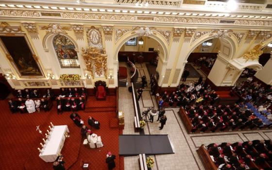 Pope Francis leads vespers with bishops, priests, deacons, consecrated persons, seminarians and pastoral workers in the Cathedral of Notre Dame in Quebec July 28. "How are we doing when it comes to joy?" the pope asked during vespers. 