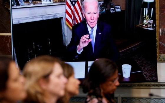 President Joe Biden delivers remarks from the White House during a virtual event in the Eisenhower Executive Office Building in Washington Aug. 3. He signed an executive order to allow Medicaid funds to be used to help low-income women pay for abortion. 